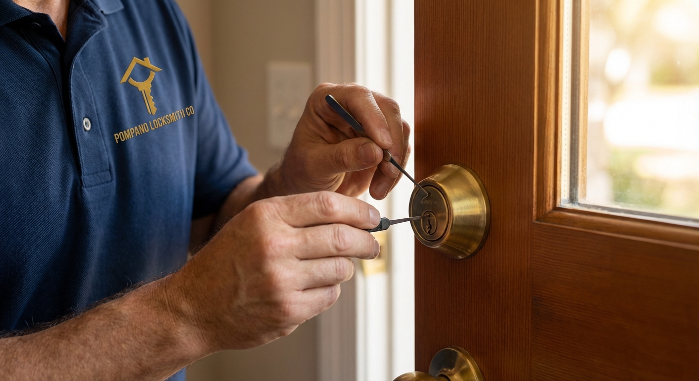 Licensed locksmith technician performing residential lock service in Pompano Beach